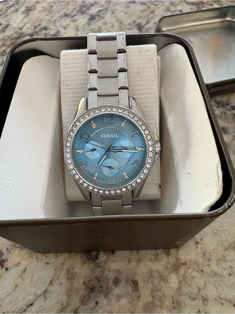 Fossil Silver Watch with Light Blue Dial and Crystal Accents